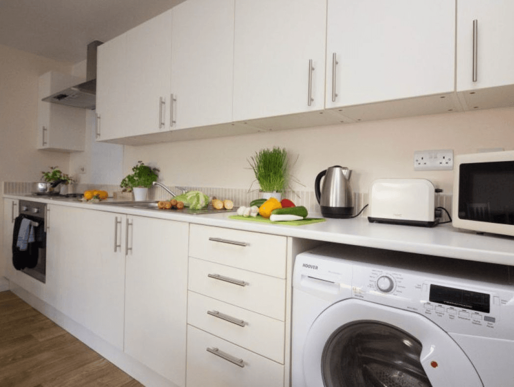 White modern kitchen with washing machine, toaster, plants, and wood-effect flooring – Castle 6 - Southampton White modern kitchen with washing machine, toaster, plants, and wood-effect flooring – Castle 6 - Southampton